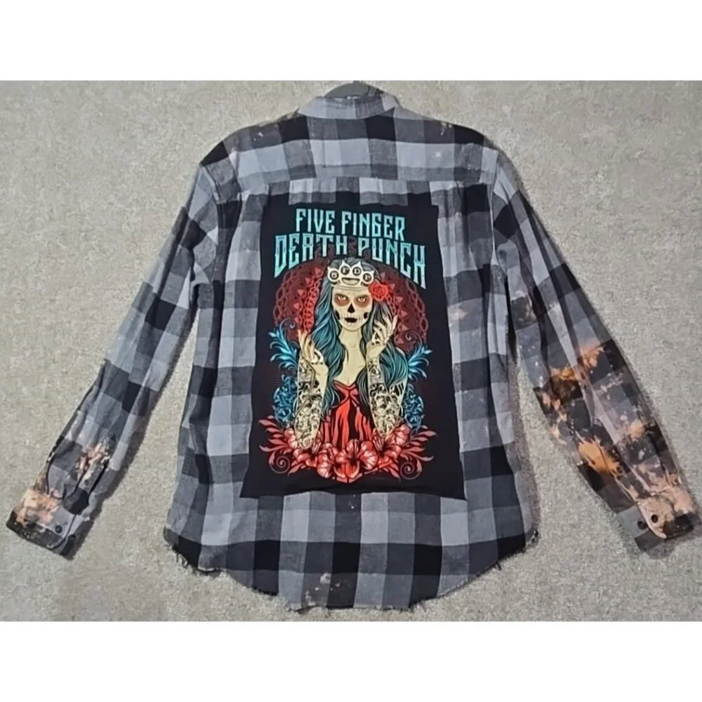 OOAK Upcycled Flannel Shacket Shirt Five Finger Death Punch FFDP Boyfriend Fit L - Picture 1 of 13